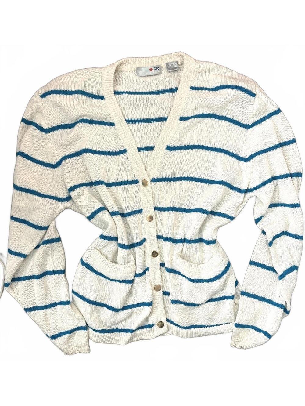 Vintage French Navy Large White and Blue Striped Cardigan Sweater